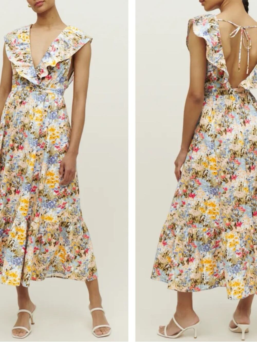 REFORMATION Reina Floral Deep V Ruffle Neck Maxi Dress Size 0